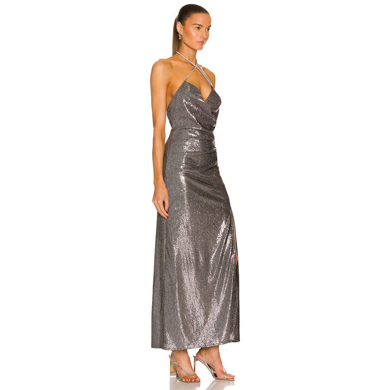 Silver Shine Long Halter Dress! Sexy Party Event Halter Night Dress Hot Fashion 2205