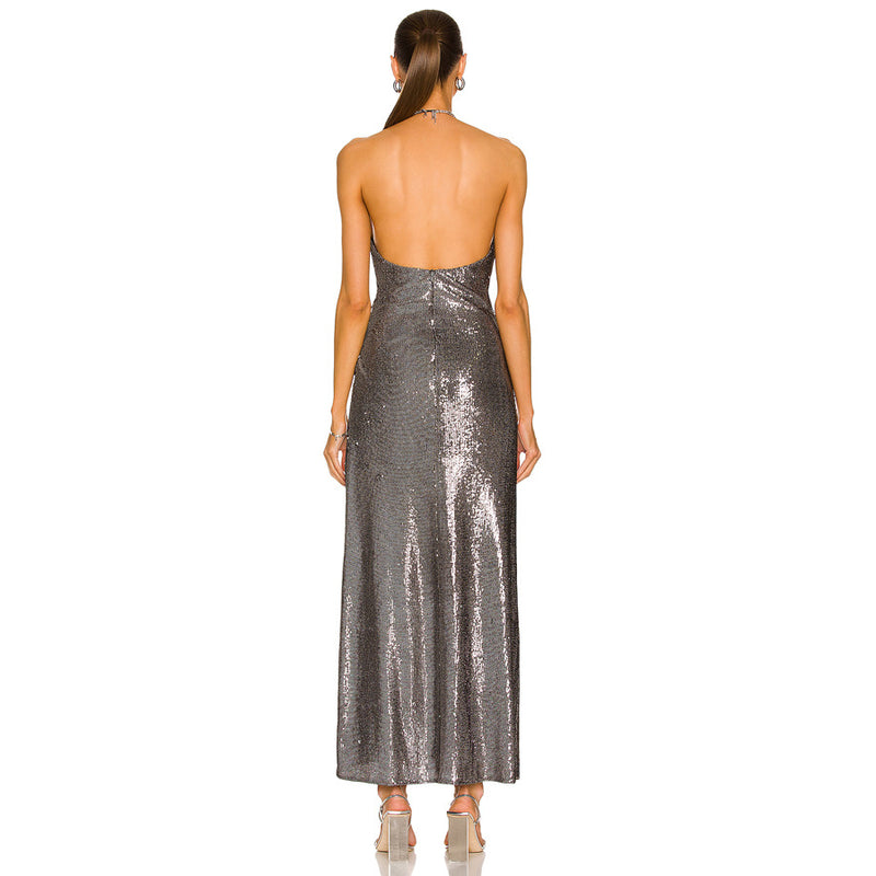 Silver Shine Long Halter Dress! Sexy Party Event Halter Night Dress Hot Fashion 2205