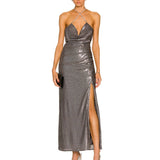 Silver Shine Long Halter Dress! Sexy Party Event Halter Night Dress Hot Fashion 2205