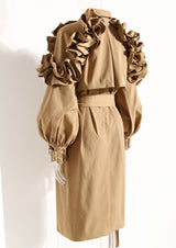 Designer style Ruffled Kahki Trench Coat Lapel Collar! Chic Fall Winter Overcoat Wind Coat 2208