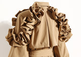 Designer style Ruffled Kahki Trench Coat Lapel Collar! Chic Fall Winter Overcoat Wind Coat 2208