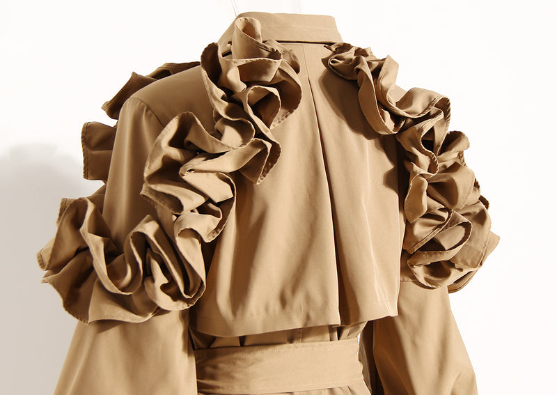 Designer style Ruffled Kahki Trench Coat Lapel Collar! Chic Fall Winter Overcoat Wind Coat 2208