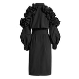 Designer style Ruffled Kahki Trench Coat Lapel Collar! Chic Fall Winter Overcoat Wind Coat 2208