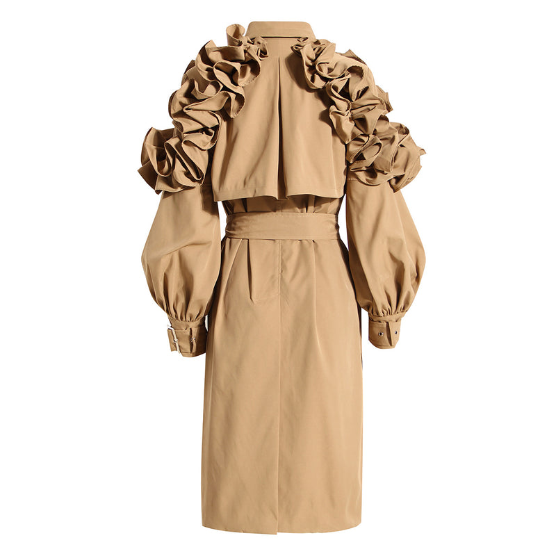 Designer style Ruffled Kahki Trench Coat Lapel Collar! Chic Fall Winter Overcoat Wind Coat 2208