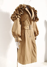 Designer style Ruffled Kahki Trench Coat Lapel Collar! Chic Fall Winter Overcoat Wind Coat 2208