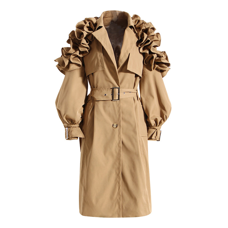 Designer style Ruffled Kahki Trench Coat Lapel Collar! Chic Fall Winter Overcoat Wind Coat 2208