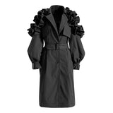 Designer style Ruffled Kahki Trench Coat Lapel Collar! Chic Fall Winter Overcoat Wind Coat 2208