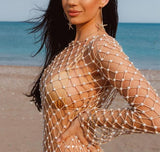 Pearl Beads See-through Long Fishnet Dress, Sexy Fishnet Bikini Cover Up ClubWear 2208