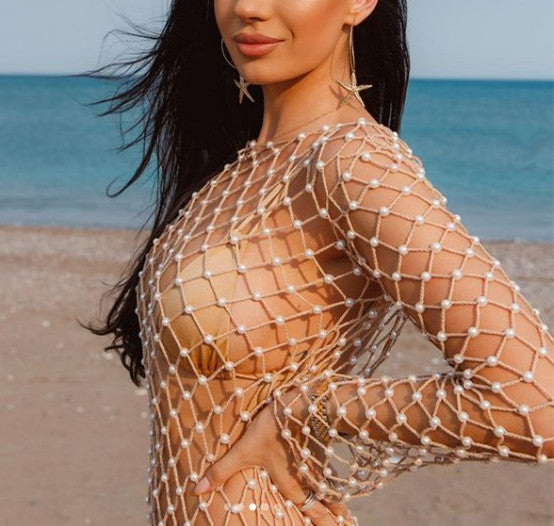 Pearl Beads See-through Long Fishnet Dress, Sexy Fishnet Bikini Cover Up ClubWear 2208