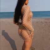 Pearl Beads See-through Long Fishnet Dress, Sexy Fishnet Bikini Cover Up ClubWear 2208