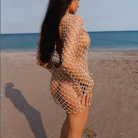 Pearl Beads See-through Long Fishnet Dress, Sexy Fishnet Bikini Cover Up ClubWear 2208