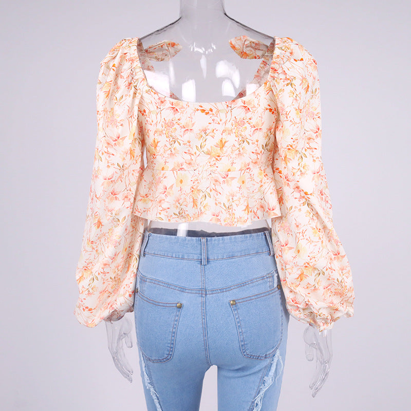 Cropped Floral Shirt! Long Sleeve Crop Tops Printed Shirt with Puffy Sleeves Celebrity Fashion 2112 - KellyModa Store