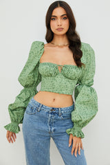 Puffy Sleeves Cropped Floral Shirt! Long Sleeve Crop Tops Printed Shirt Women Fashion 2202