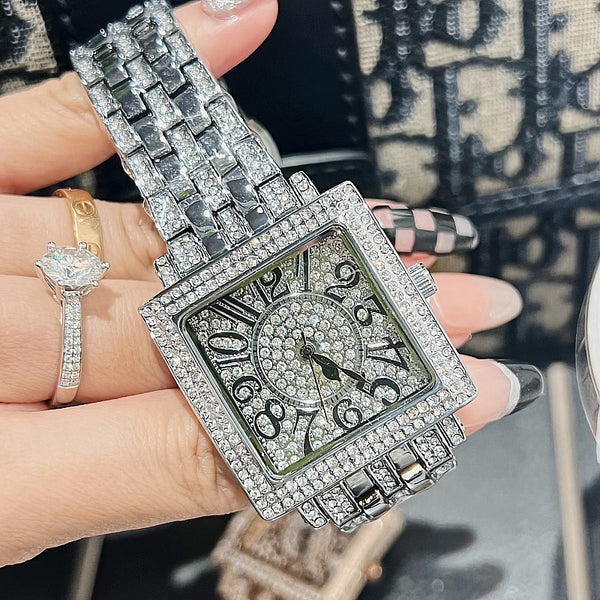 Shine Sharp Square Full Diamond ! Women Fashion Luxury Quartz Watch with Metal Band, Rich Wrist