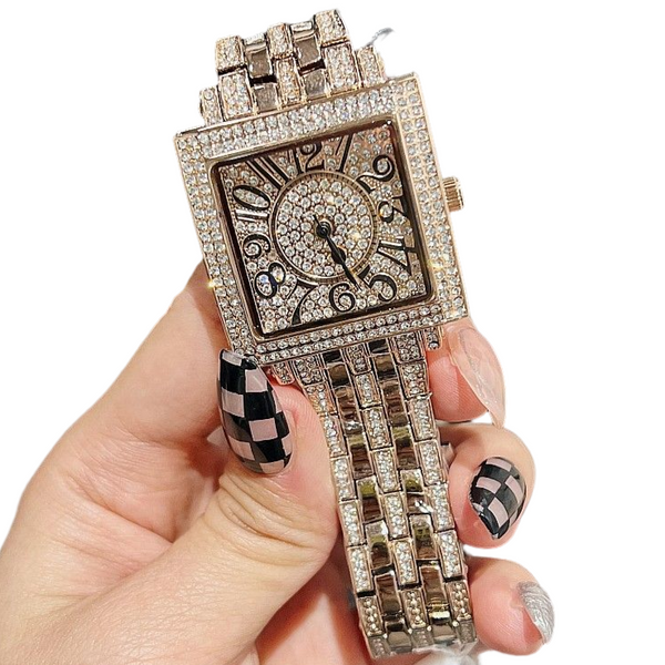 Shine Sharp Square Full Diamond ! Women Fashion Luxury Quartz Watch with Metal Band, Rich Wrist