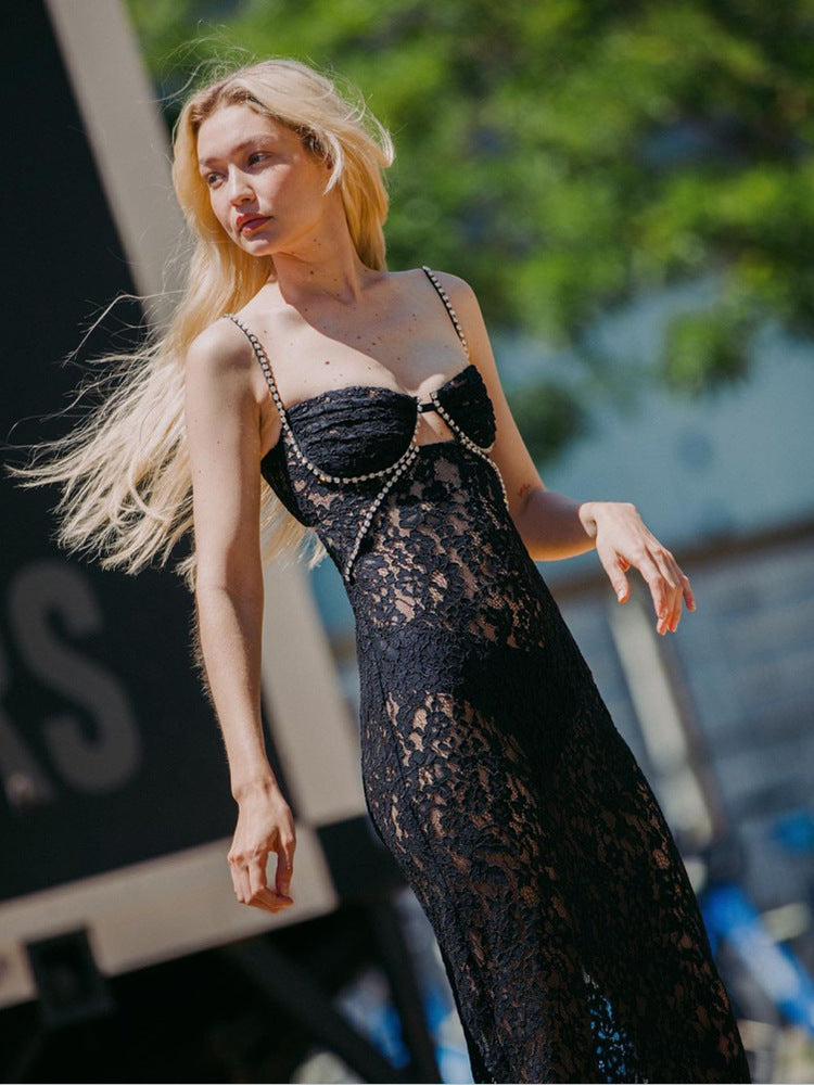 Elegant Black Lace Luxury Slip Dress! Sexy Style Gentlelady's Event Dress Designer Fashion 2209