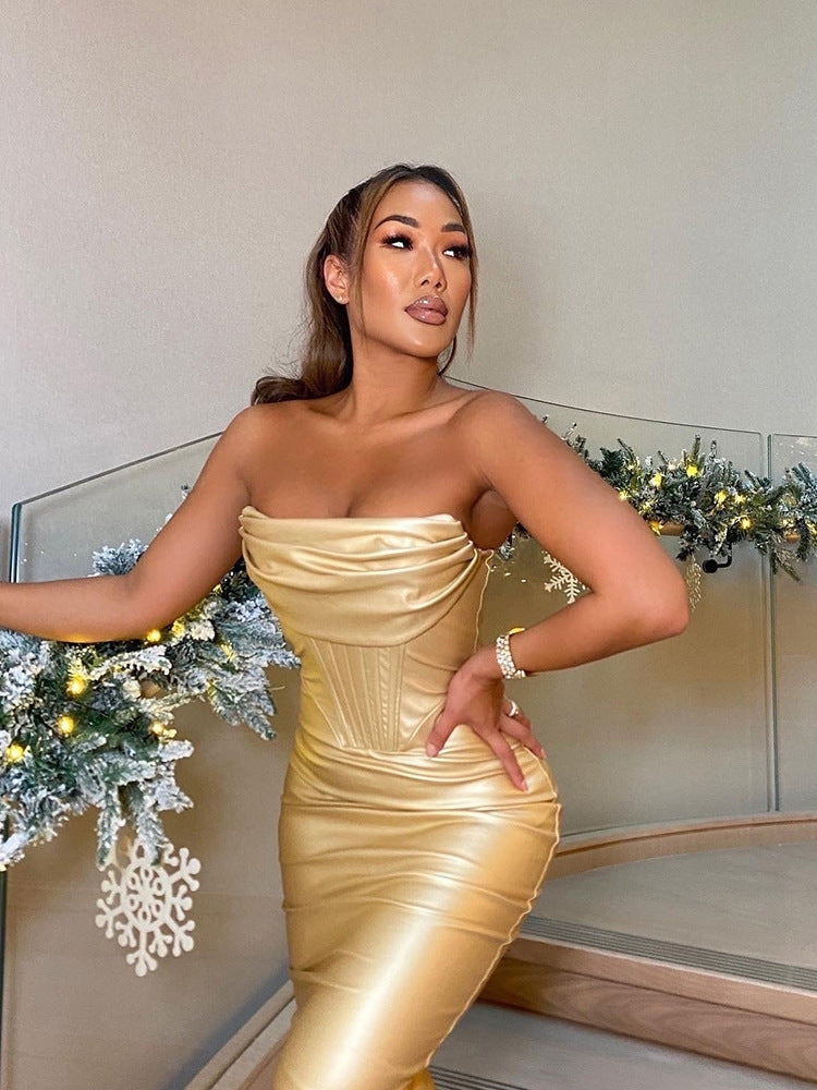 Glossy Gold PU Leather Strapless Hip Shaping Mini Dress! Sexy Dress Party Dress Night Dress Ball Dress Clubwear 2209