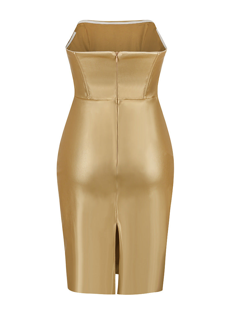 Glossy Gold PU Leather Strapless Hip Shaping Mini Dress! Sexy Dress Party Dress Night Dress Ball Dress Clubwear 2209