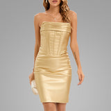 Glossy Gold PU Leather Strapless Hip Shaping Mini Dress! Sexy Dress Party Dress Night Dress Ball Dress Clubwear 2209