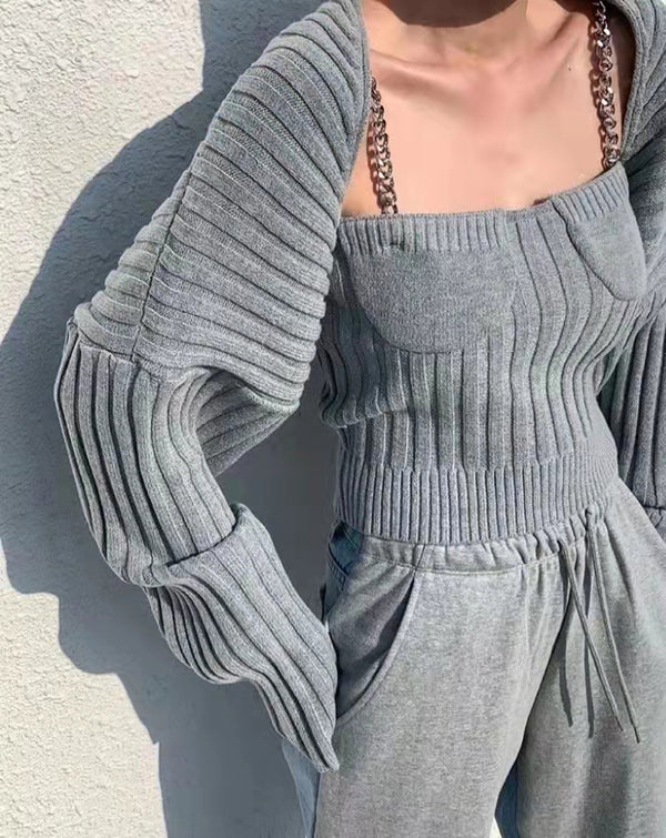 Metal Chains Tank Slip Top and Long Sleeve Sweater Top 2-Piece set! Chic Knitwear Top Celebrity Fashion 2212