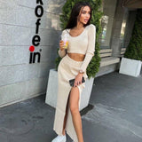 Long Sleeve Knitted Sweater Crop Top and Skirt 2 Piece set! Slim Fitting Knitwear Celebrity Fashion 2111 - KellyModa Store