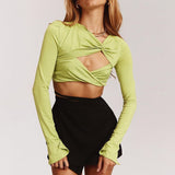 Uniquely Designed Tied Crop Top! Sexy Cropped Long Sleeve Cyber Celebrity Fashion 2111 - KellyModa Store