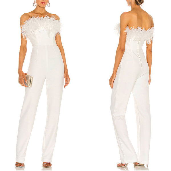 Feather Trimmed Jumpsuit ! Sexy Strapless Jumpsuit Cyber Celebrity Fashion 2112 - KellyModa Store