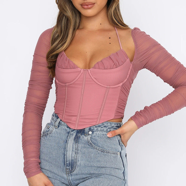 Wrinkled Mesh Halter Crop Top! Sexy See-through Cropped Top  Cyber Celebrity Fashion 2111 - KellyModa Store