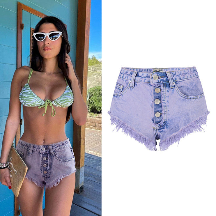 Faint Purple Distressed Jeans, Denim Shorts Hot Pants, Bottoms, Femme Bottoms - KellyModa Store