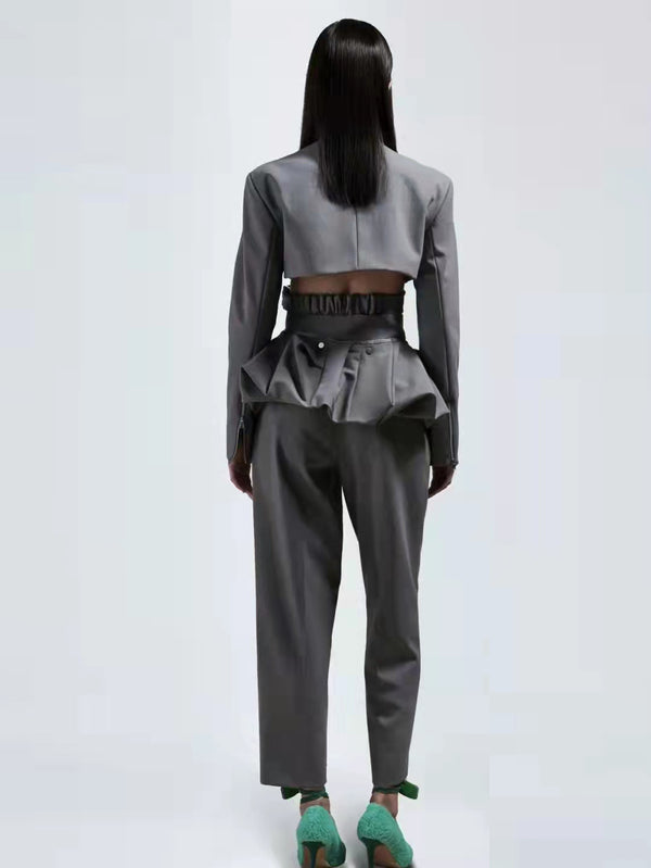 Steet Fashion Gray Long Sleeve Crop top Blouse and Straight Leg Pants 2-piece Set! 2302