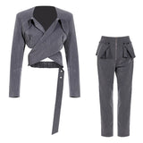 Steet Fashion Gray Long Sleeve Crop top Blouse and Straight Leg Pants 2-piece Set! 2302