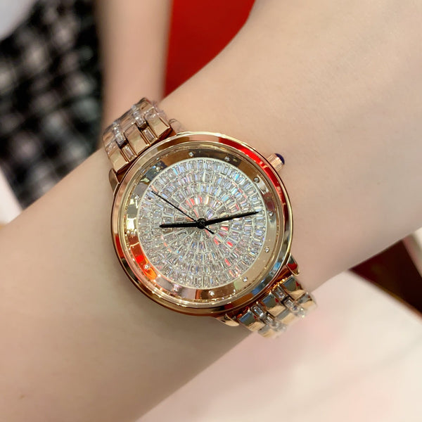 Shine Diamonds Round! Women Fashion Luxury Quartz Watch with Metal Band, Analog Stainless Steel Wrist