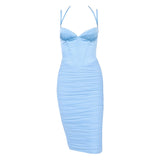 Blue Double Straps Sexy Wrinkled Slip Dress! Sexy Night Dress Celebrity Fashion 2111 - KellyModa Store