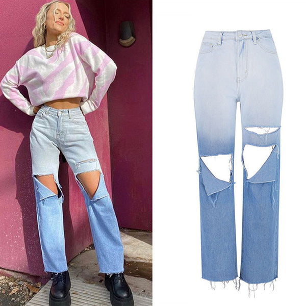 Gradient Color Ripped! Women Straight Leg Blue Jeans, Casual Women Jeans, Femme Bottoms - KellyModa Store