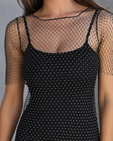 Short Sleeve Fishnet See-through Mesh Cover Dress with Rhinestones , Bikini Cover Up ClubWear 2210