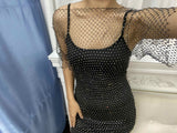 Short Sleeve Fishnet See-through Mesh Cover Dress with Rhinestones , Bikini Cover Up ClubWear 2210