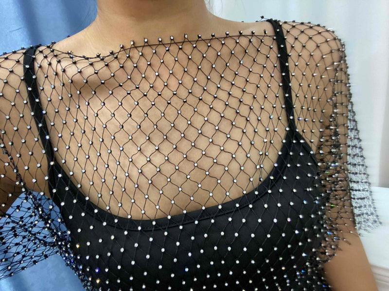 Short Sleeve Fishnet See-through Mesh Cover Dress with Rhinestones , Bikini Cover Up ClubWear 2210