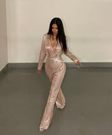 Shine Blingbling Plunged Jumpsuit! Sexy Long Sleeve Jumpsuit Cyber Celebrity Fashion 2207