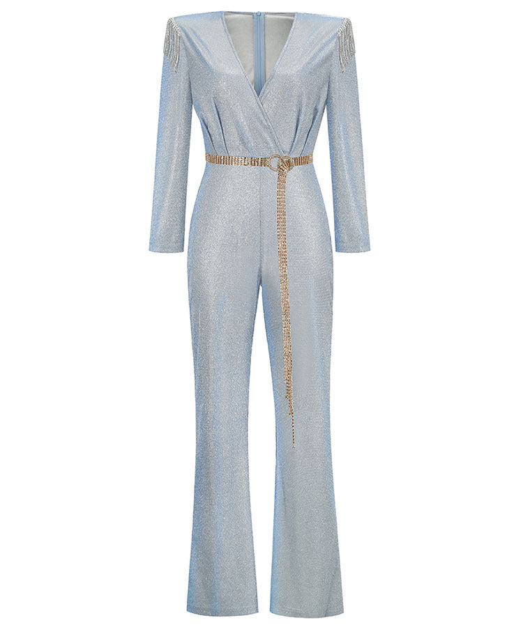 Shine Blingbling Plunged Jumpsuit! Sexy Long Sleeve Jumpsuit Cyber Celebrity Fashion 2207