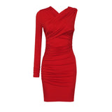 Hot Red Wrinkled Bandage! One Sleeve Asymmetric Dress! Sexy Dress Celebrity Fashion 2202