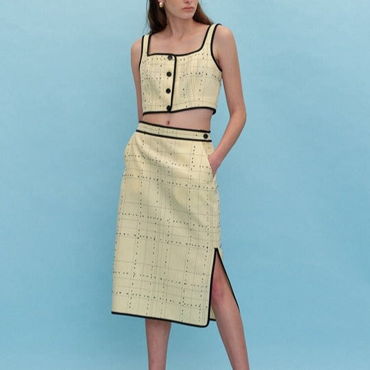 Yellow Tweed Vest Tank Top and Skirt 2-Piece Set!  Designer Fashion 2202