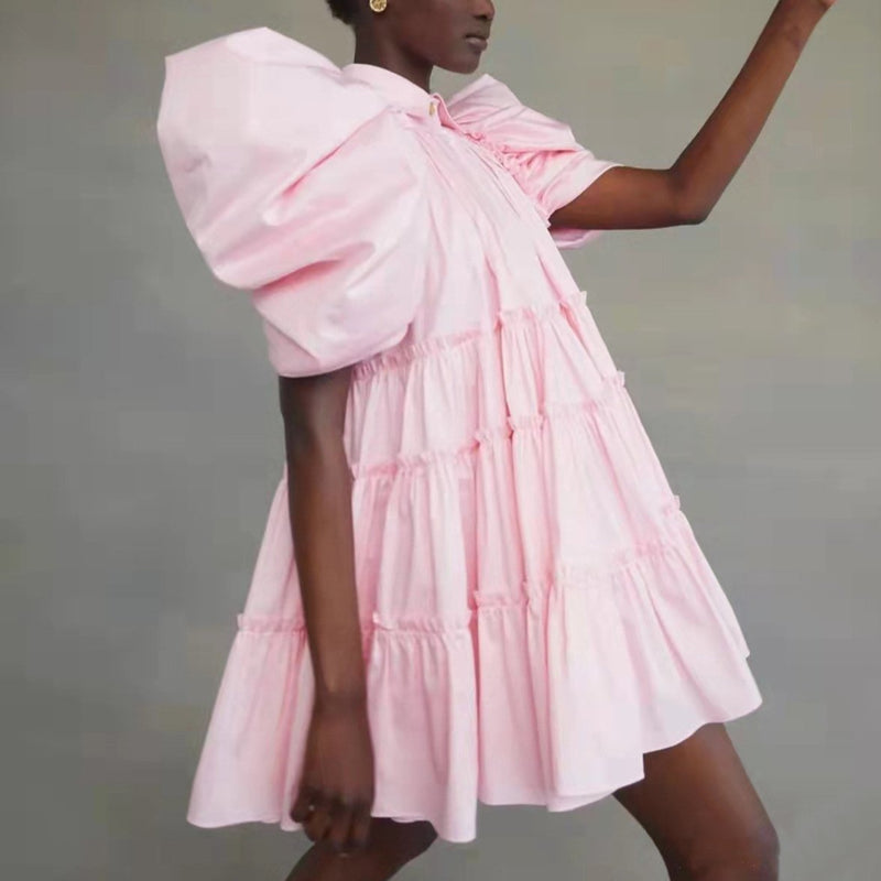 Exaggerated Pleated Puffy Silhouetted Chic A-line Shirt Dress! Women's Indie Designer Fashion 2203