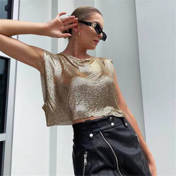 Eye Catching Loose Fitting Drapping Sexy Crop Top with Flicker Metallic Fabric , Shining Tops