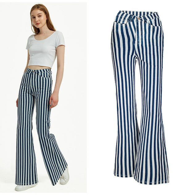 Striped Bell-Bottom! Women Striped Pants Jeans, Striped Fitting Women Jeans, Femme Bottoms, Bell Bottom - KellyModa Store