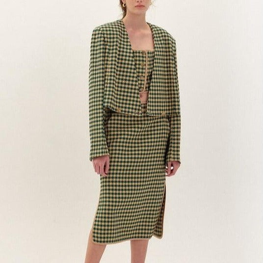 Chic Green-Yellow Plaid Tweed Vest Blazer and Skirt 3-Piece Set!  Designer Fashion 2202