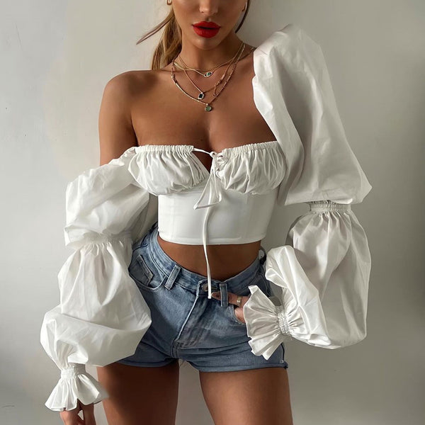 Strapless Fluffy Sleeves Crop Top 2 Colors! Sexy Cropped Top Club Top Cyber Celebrity Fashion 2111 - KellyModa Store