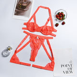 Hot Fluorescent Orange! Sexy Mesh Lingerie Bra Panty and Garter Belt 3-Piece Matching Set, Sexy Lingerie Underwear
