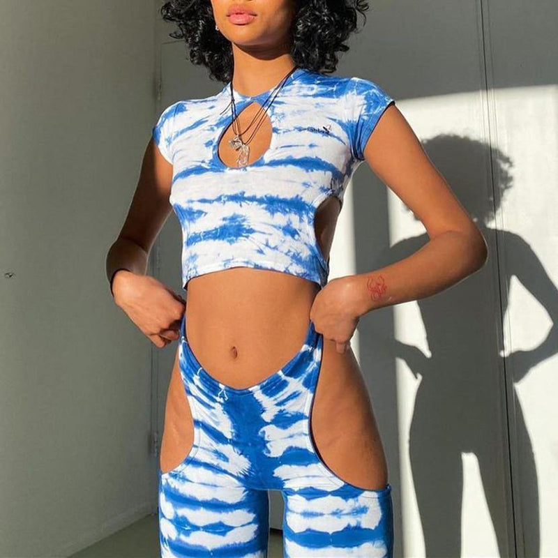 Tie-dyed Striped Sexy Crop Top and Wide Leg Pants 2-piece Set! Sleeveless Sexy Tops Celebrity Fashion 2111 - KellyModa Store