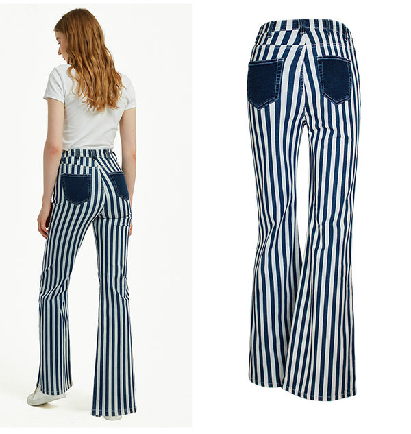 Striped Bell-Bottom! Women Striped Pants Jeans, Striped Fitting Women Jeans, Femme Bottoms, Bell Bottom - KellyModa Store