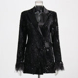 Black Shine Blingbling Sequins Blazer Dress with Feathers! Clubwear Event Fashion Lady Dress 2304